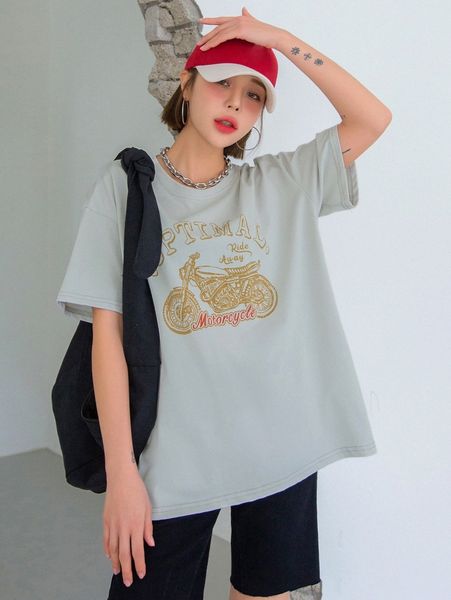 dazy letter & motorcycle print drop shoulder tee 89ij#, White